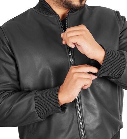 Leather Bomber Jacket Men - Ribbed Style Casual Varsity Real Lambskin Mens Leather Jacket Moto Fashion in Saudi Arabia