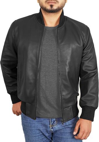 Leather Bomber Jacket Men - Ribbed Style Casual Varsity Real Lambskin Mens Leather Jacket Moto Fashion in Saudi Arabia