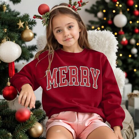 Girls Christmas Sweatshirt Merry Sweatshirts Kids Cute Preppy Graphic Pullover Casual Vintage Long Sleeve Tops 7-12Y in Saudi Arabia