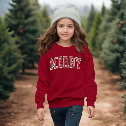 Girls Christmas Sweatshirt Merry Sweatshirts Kids Cute Preppy Graphic Pullover Casual Vintage Long Sleeve Tops 7-12Y in Saudi Arabia