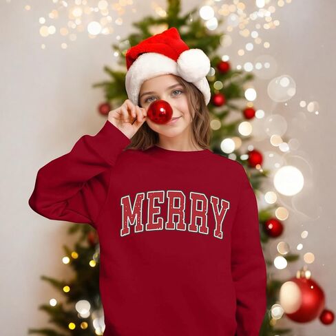 Girls Christmas Sweatshirt Merry Sweatshirts Kids Cute Preppy Graphic Pullover Casual Vintage Long Sleeve Tops 7-12Y in Saudi Arabia