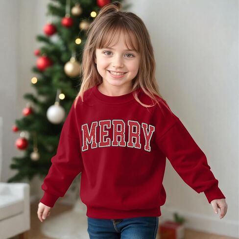 Girls Christmas Sweatshirt Merry Sweatshirts Kids Cute Preppy Graphic Pullover Casual Vintage Long Sleeve Tops 7-12Y in Saudi Arabia
