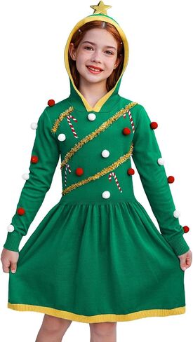 BesserBay Christmas Girls Ugly Xmas Green Warm Long Sleeve Candy Midi Dress 4-12 Years in Kuwait