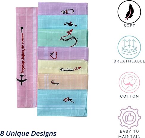 Multicolor Embroidered Handkerchiefs – Pack of 8 PCS Soft Cotton Hankies for Men & Women | Classic Design | Elegant, Reusable & Skin-Friendly gift set in Saudi Arabia
