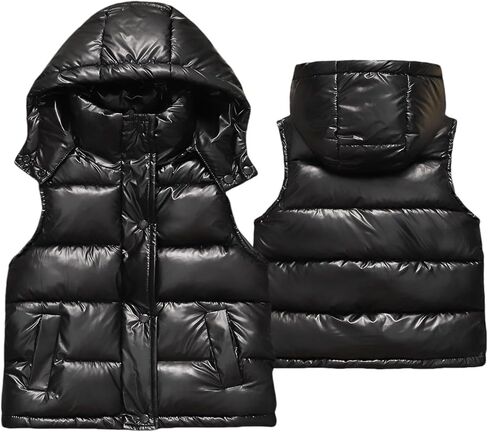 Girls Metallic Puffer Vest Kids Shiny Sleeveless Hooded Jackets Toddler Winter Lightweight Reflective Gilet Waistcoat in Saudi Arabia