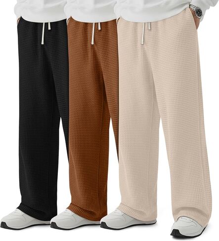 3 Pack Men's Waffle Pants Baggy Drawstring Casual Wide Leg Pants Elastic Waist Sweatpants with Pockets in Saudi Arabia