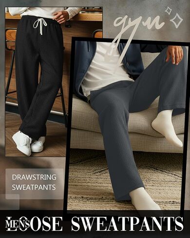 3 Pack Men's Waffle Pants Baggy Drawstring Casual Wide Leg Pants Elastic Waist Sweatpants with Pockets in Saudi Arabia
