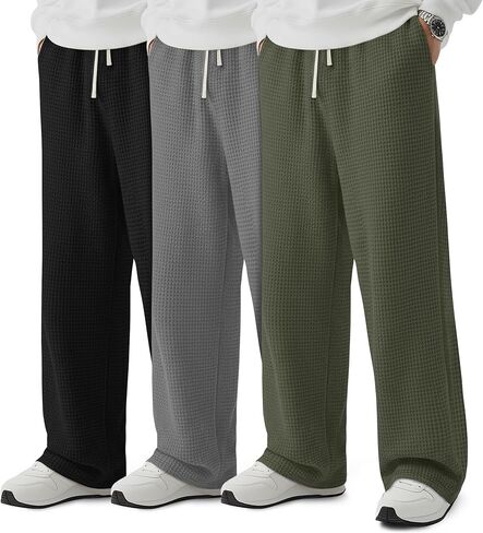 3 Pack Men's Waffle Pants Baggy Drawstring Casual Wide Leg Pants Elastic Waist Sweatpants with Pockets in Saudi Arabia