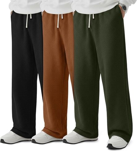3 Pack Men's Waffle Pants Baggy Drawstring Casual Wide Leg Pants Elastic Waist Sweatpants with Pockets in Saudi Arabia