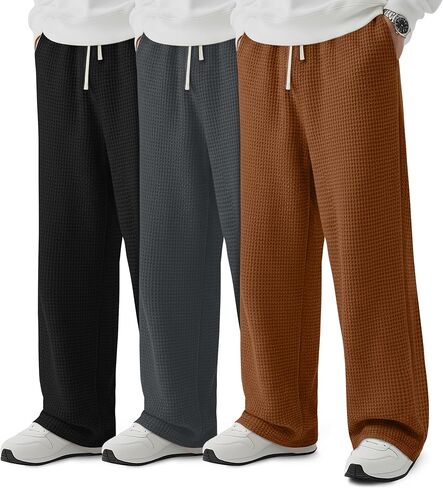 3 Pack Men's Waffle Pants Baggy Drawstring Casual Wide Leg Pants Elastic Waist Sweatpants with Pockets in Saudi Arabia