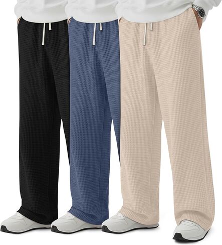 3 Pack Men's Waffle Pants Baggy Drawstring Casual Wide Leg Pants Elastic Waist Sweatpants with Pockets in Saudi Arabia
