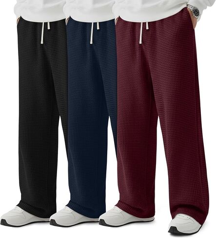 3 Pack Men's Waffle Pants Baggy Drawstring Casual Wide Leg Pants Elastic Waist Sweatpants with Pockets in Saudi Arabia