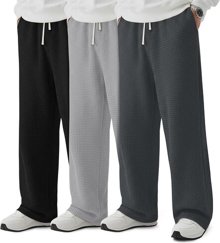 3 Pack Men's Waffle Pants Baggy Drawstring Casual Wide Leg Pants Elastic Waist Sweatpants with Pockets in Saudi Arabia
