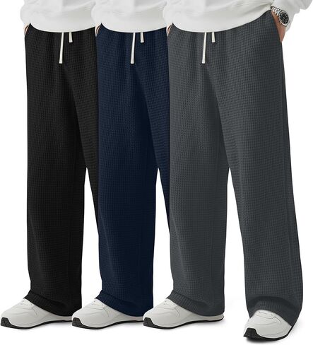 3 Pack Men's Waffle Pants Baggy Drawstring Casual Wide Leg Pants Elastic Waist Sweatpants with Pockets in Saudi Arabia