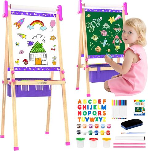 easel for Kids ، easels assels assel stidler للطلاء ، والوقوف على مسح اللوحة البيضاء ، والطول الجاف القابل للتعديل ، لوح مغناطيسي قابل للتعديل على الوجهين ولوحة الطباشير مع لوازم لفائف الورق للأعمار 2-4،5-7 in Kuwait