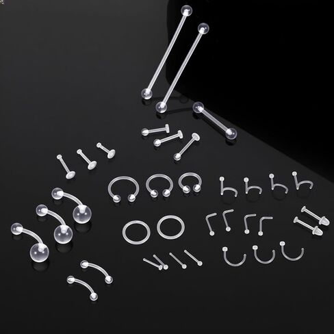 Yolev 37Pcs Clear Piercing Retainers Acrylic Clear Industrial Piercing Jewelry Nose Rings Studs Earring Retainers Plastic Nipple Piercings Eyebrow Lip Belly Earrings Tragus Cartilage Bar Jewelry in Saudi Arabia