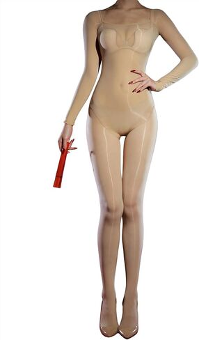 Bodystocking Crotchless Nylon Body Stockings Long Sleeve Bodycon Square-Neck Jumpsuit for Women in Kuwait
