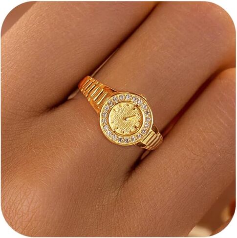 LOVECOM 14k Gold Plated Watch Clock Finger Rings for Women 925 Sterling Silver Watches Adjustable Knuckle Ring Statement Stacking Eternity Ring Jewelry Birthday Gifts for Mom Daughter Friends in Kuwait