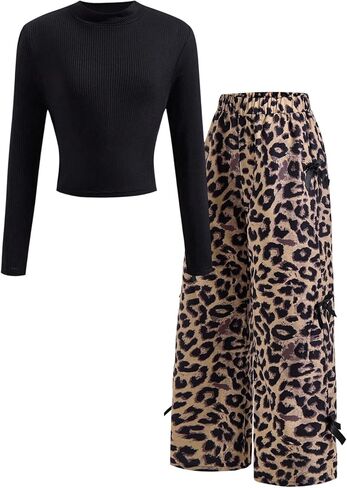 SOLY HUX Girl's 2 Piece Outfits Long Sleeve Fall Matching Sets Mock Neck T Shirt and Leopard Bowknot Pants Streetwear in Saudi Arabia