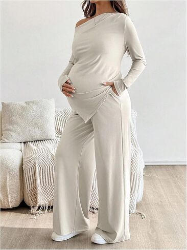 ملابس حمل نسائية من MakeMeChic مكونة من قطعتين ملابس خريفية بلوزات وسراويل غير متماثلة مجموعات مطابقة للحمل مشمش X-Large in Kuwait