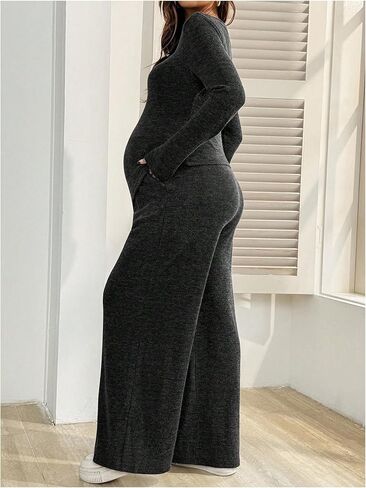 ملابس حمل نسائية من MakeMeChic مكونة من قطعتين ملابس خريفية بلوزات وسراويل غير متماثلة مجموعات مطابقة للحمل رمادي داكن X-Large in Kuwait
