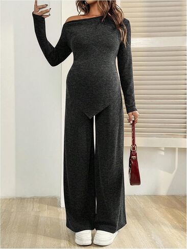 ملابس حمل نسائية من MakeMeChic مكونة من قطعتين ملابس خريفية بلوزات وسراويل غير متماثلة مجموعات مطابقة للحمل رمادي داكن X-Large in Kuwait