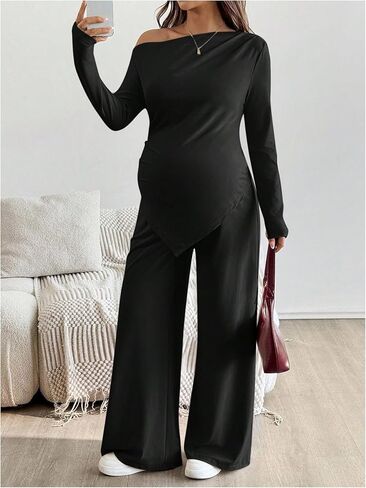 ملابس حمل نسائية من MakeMeChic مكونة من قطعتين ملابس خريفية بلوزات وسراويل غير متماثلة مجموعات مطابقة للحمل باللون الأسود مقاس X-Large in Kuwait
