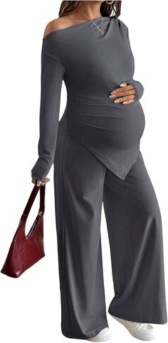 MakeMeChic Women's Maternity Clothes 2 Piece Fall Outfits Asymmetrical Top and Pants Pregnancy Matching Sets Grey X-Large in Saudi Arabia