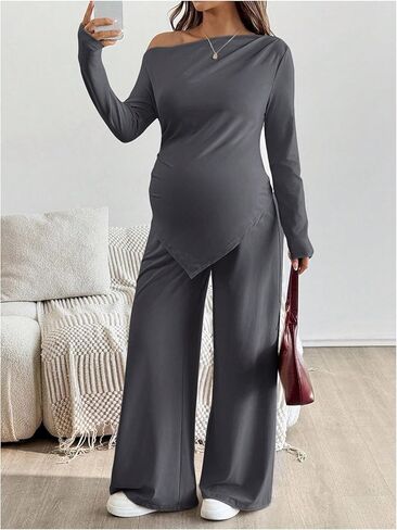 MakeMeChic Women's Maternity Clothes 2 Piece Fall Outfits Asymmetrical Top and Pants Pregnancy Matching Sets Grey X-Large in Saudi Arabia
