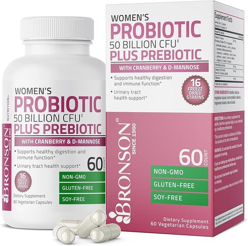 Bronson Women's Probiotic 50 Billion CFU + Prebiotic with Cranberry & D-Mannose – Vaginal Health, Healthy Digestion, Immune Function and Urinary Tract Support, Non-GMO, 60 Vegetarian Capsules in Saudi Arabia