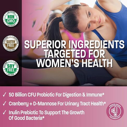 Bronson Women's Probiotic 50 Billion CFU + Prebiotic with Cranberry & D-Mannose – Vaginal Health, Healthy Digestion, Immune Function and Urinary Tract Support, Non-GMO, 60 Vegetarian Capsules in Saudi Arabia