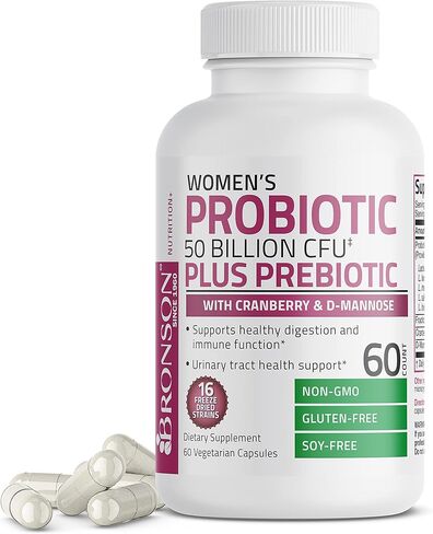 Bronson Women's Probiotic 50 Billion CFU + Prebiotic with Cranberry & D-Mannose – Vaginal Health, Healthy Digestion, Immune Function and Urinary Tract Support, Non-GMO, 60 Vegetarian Capsules in Saudi Arabia