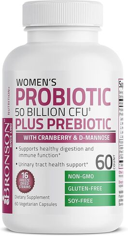 Bronson Women's Probiotic 50 Billion CFU + Prebiotic with Cranberry & D-Mannose – Vaginal Health, Healthy Digestion, Immune Function and Urinary Tract Support, Non-GMO, 60 Vegetarian Capsules in Saudi Arabia
