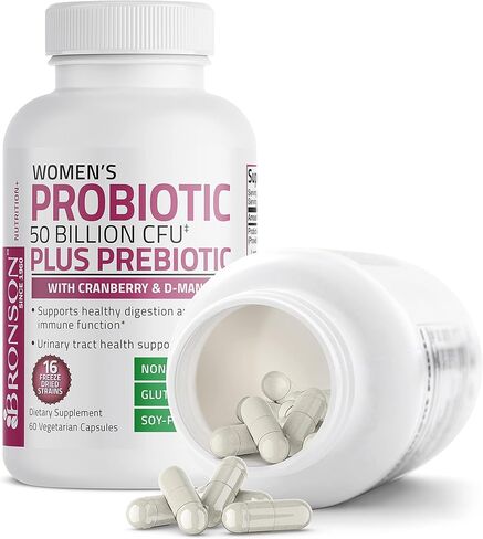 Bronson Women's Probiotic 50 Billion CFU + Prebiotic with Cranberry & D-Mannose – Vaginal Health, Healthy Digestion, Immune Function and Urinary Tract Support, Non-GMO, 60 Vegetarian Capsules in Saudi Arabia