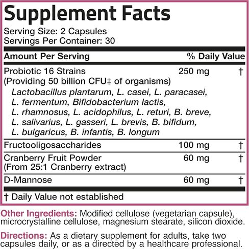 Bronson Women's Probiotic 50 Billion CFU + Prebiotic with Cranberry & D-Mannose – Vaginal Health, Healthy Digestion, Immune Function and Urinary Tract Support, Non-GMO, 60 Vegetarian Capsules in Saudi Arabia