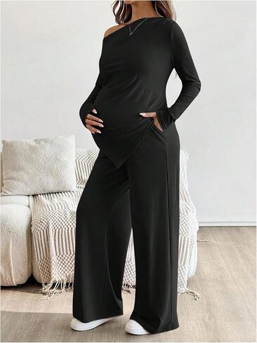 ملابس حمل نسائية من MakeMeChic مكونة من قطعتين ملابس خريفية بلوزات وسراويل غير متماثلة مجموعات مطابقة للحمل أسود كبير in Saudi Arabia