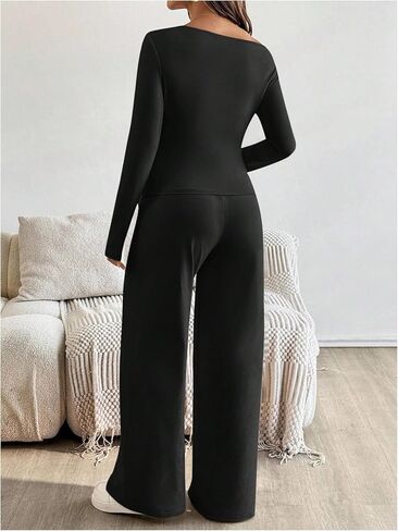 MakeMeChic Women's Maternity Clothes 2 Piece Fall Outfits Asymmetrical Top and Pants Pregnancy Matching Sets Black Medium in Saudi Arabia