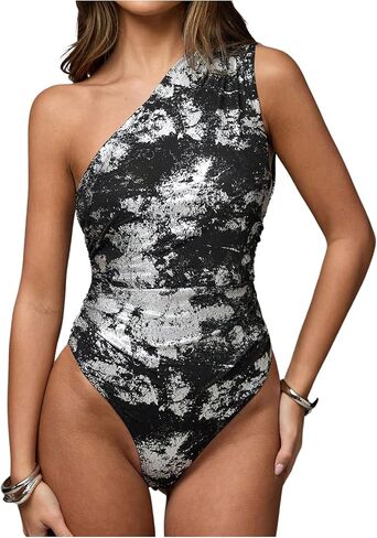 WDIRARA Women's Tie Dye Mesh One Shoulder Bodysuit Metallic Sleeveless Asymmetrical Tank Body Suits in Saudi Arabia