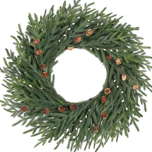 Artgar 26 Inch Pine Wreath - Christmas Wreaths for Front Door - Real Touch Pine Wreath - Large Artificial Green Pine Wreaths for Walls Windows Porches Farmhouse Indoor Outdoor Home Decor (White-Green) in Kuwait