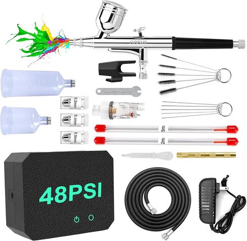 Airbrush Kit with Compressor Rechargeable Cordless Portable High-Pressure Air Brush Set with 0.3mm/0.5mm Nozzle and Cleaning Brush Set for Painting Art Model Makeup Nail Cake Decorating Tattoo Pink in Kuwait