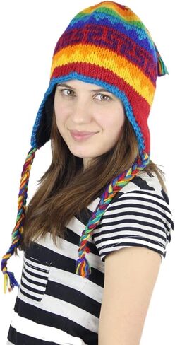 Rainbow Nepal Hand Knit Ear Flaps Beanie Ski Fleeced Hat in Saudi Arabia
