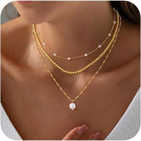 Hothty Gold Layered Charm Necklaces for Women, Dainty Stackable Simple Waterproof Choker Necklace Seashell Pearl Beach Necklaces Set Jewelry Gifts in Saudi Arabia
