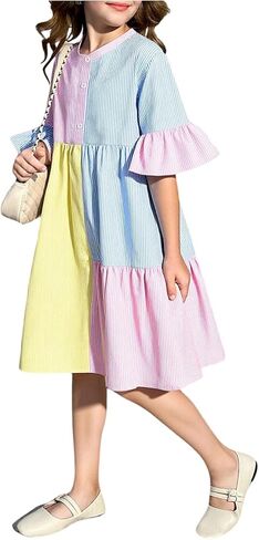 SHENHE Girl's Striped Shirt Dress Short Sleeve Color Block Ruffle Hem Tunic Sundress in Saudi Arabia