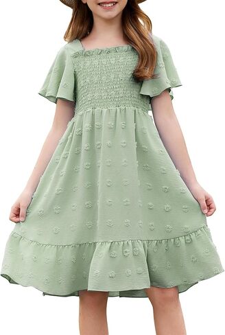 Girls Summer Dress Tween Short Sleeve Polka Dot Teen Girl Party Dress Size 6-15 Years in Saudi Arabia
