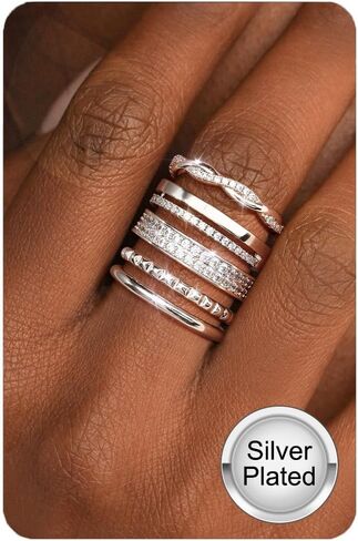 Non Tarnish Gold Silver Stackable Rings for Women - 14K Gold Plated Waterproof Stacking Thin Chunky Bands Cubic Zirconia Thumb Ring Set 2-4mm Trendy Statement Promise Engagement Rings Size 5-10 in Saudi Arabia