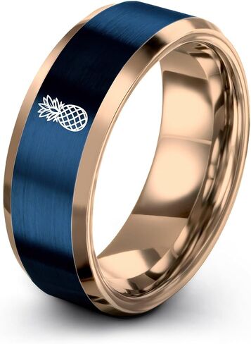 Hawaiian Pineapple style Shirt Ring - Gift for Tropical Shirt Fan - Band - Yellow Rose Gold Blue Silver - Tungsten - Flat Dome Bevel - 8mm - Anniversary Wedding - Men Women - Personalized Custom Engra in Saudi Arabia