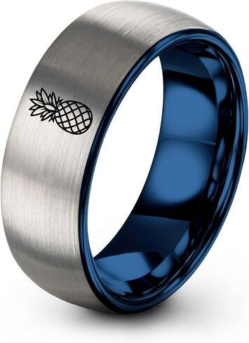 Hawaiian Pineapple style Shirt Ring - Gift for Tropical Shirt Fan - Band - Yellow Rose Gold Blue Silver - Tungsten - Flat Dome Bevel - 8mm - Anniversary Wedding - Men Women - Personalized Custom Engra in Saudi Arabia