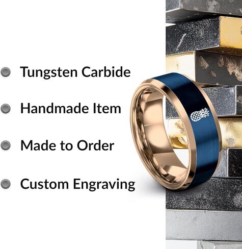 Hawaiian Pineapple style Shirt Ring - Gift for Tropical Shirt Fan - Band - Yellow Rose Gold Blue Silver - Tungsten - Flat Dome Bevel - 8mm - Anniversary Wedding - Men Women - Personalized Custom Engra in Saudi Arabia
