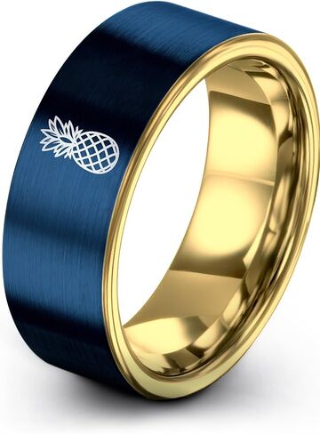 Hawaiian Pineapple style Shirt Ring - Gift for Tropical Shirt Fan - Band - Yellow Rose Gold Blue Silver - Tungsten - Flat Dome Bevel - 8mm - Anniversary Wedding - Men Women - Personalized Custom Engra in Saudi Arabia