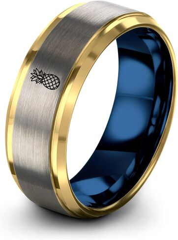 Hawaiian Pineapple style Shirt Ring - Gift for Tropical Shirt Fan - Band - Yellow Rose Gold Blue Silver - Tungsten - Flat Dome Bevel - 8mm - Anniversary Wedding - Men Women - Personalized Custom Engra in Saudi Arabia